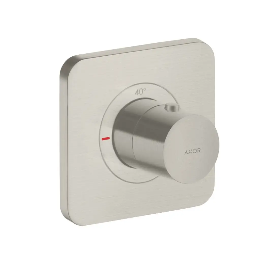 Thermostat von AXOR in Edelstahloptik mit einem runden Drehknopf und Temperaturanzeige bis 40°. Montage erfolgt unterputz. Kreisförmige Skala um den Regler.